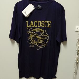 Lacoste Men's Dark Blue Tee with Gold Graphic
